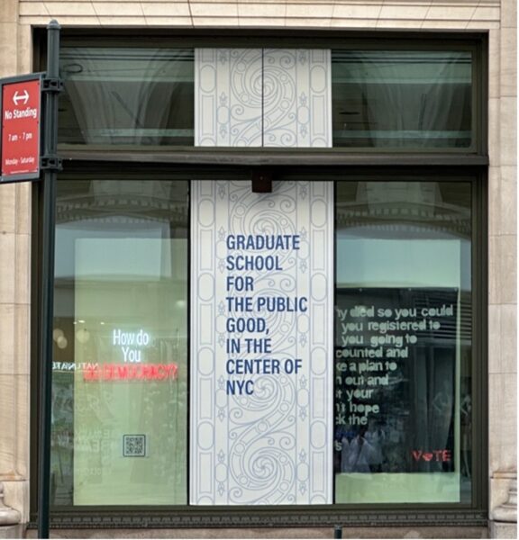 Jennifer Jones’s Acting on Enfranchisement installation in the James Gallery windows, 2024