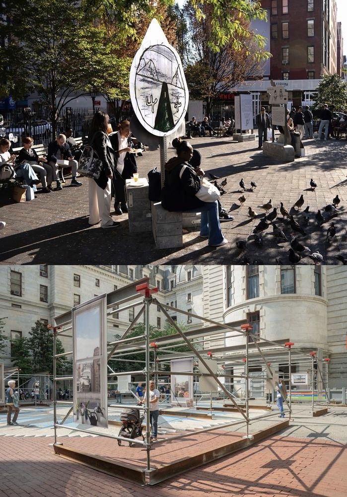 Installation views of Alex Strada’s Public Address in Petrosino Square and Emilio Martínez Poppe’s Civic Views at Philadelphia City Hall.